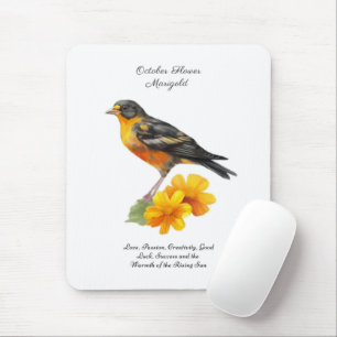 Tapis De Souris Octobre Fleur Marigold et naissance d'oiseaux