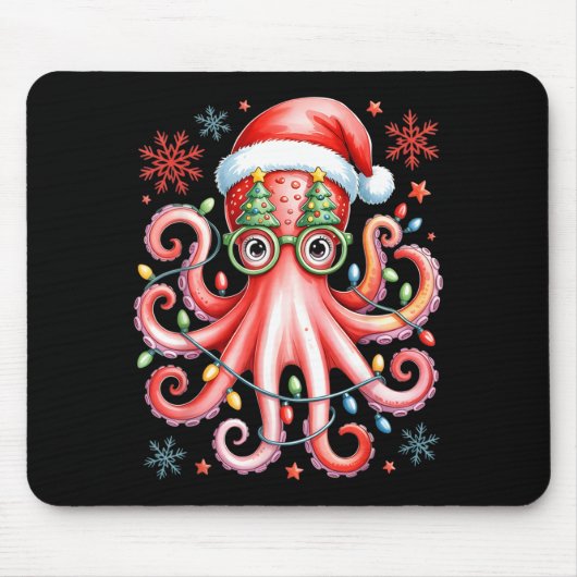Tapis De Souris Octopus Gles Santa Hat Christmas Light Ocean Anima (Devant)