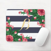 Tapis De Souris Oeillets et monogramme roses de rayures de bleu (Avec souris)