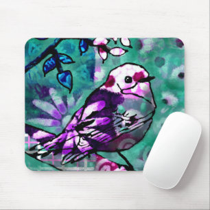 Tapis De Souris Oiseau Abstrait blanc Floral Turquoise pourpre
