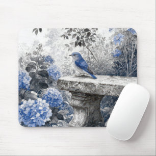 Tapis De Souris Oiseau Bleu au Lavis d'Encre sur un Banc de Jardin