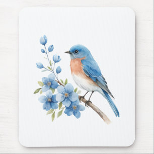 Tapis De Souris Oiseau bleu avec des fleurs bleues