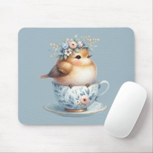 Tapis De Souris Oiseau bleu mignon avec couronne florale en Teacup