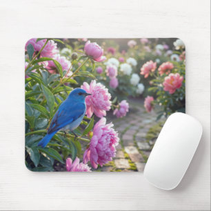 Tapis De Souris Oiseau bleu sur une pivoine rose