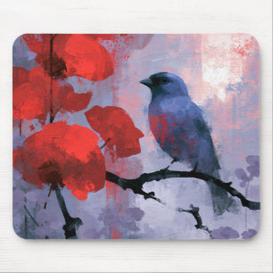 Tapis De Souris Oiseau chanteur bleu avec fleurs rouges cerise