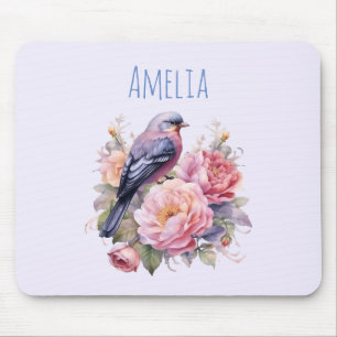 Tapis De Souris Oiseau chanteur debout sur des pivoines roses