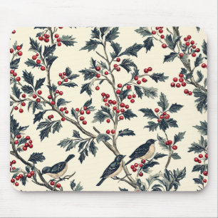 Tapis De Souris Oiseau Chanteur Élégant Motif Crème Rouge Houx Hiv