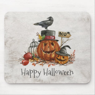Tapis De Souris Oiseau et citrouilles noirs de Halloween