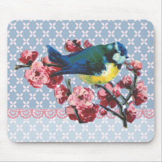 Tapis De Souris Oiseau et fleurs de cerisier bleus