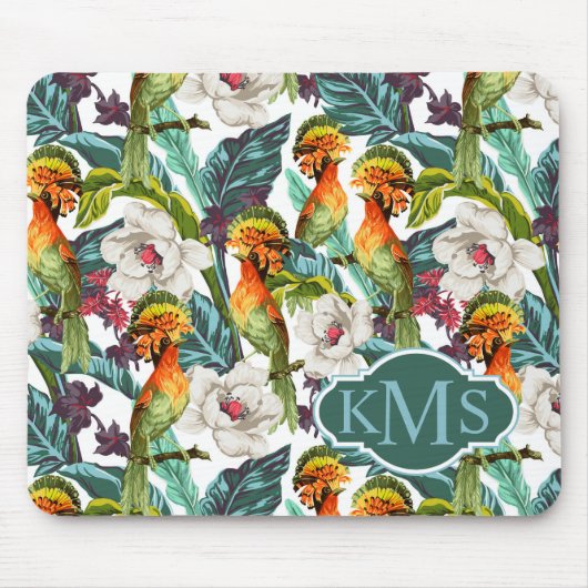Tapis De Souris Oiseau et monogramme exotique du motif de fleur | (Devant)