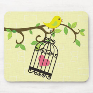 Tapis De Souris Oiseau jaune, cage à oiseaux