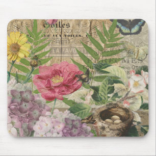 Tapis De Souris Oiseau Nid Floral Jardin Fleur Papillon Art