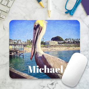 Tapis De Souris Oiseau Pélican Océan Plage Jetée Photo Nom Personn