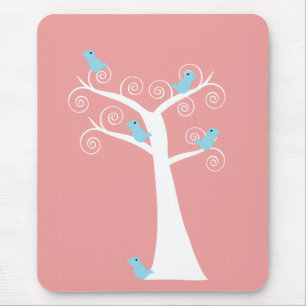 Tapis De Souris Oiseaux bleus arbre de la nature fantaisiste fond