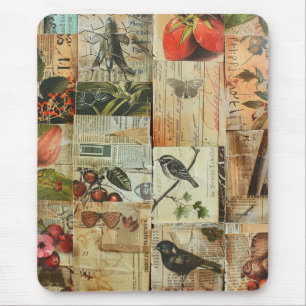 Tapis De Souris Oiseaux Colorés Collage de Journal Ancien sur la N
