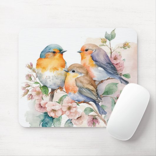 Tapis De Souris Oiseaux D'Aquarelle Sur Branche De Fleur (Avec souris)