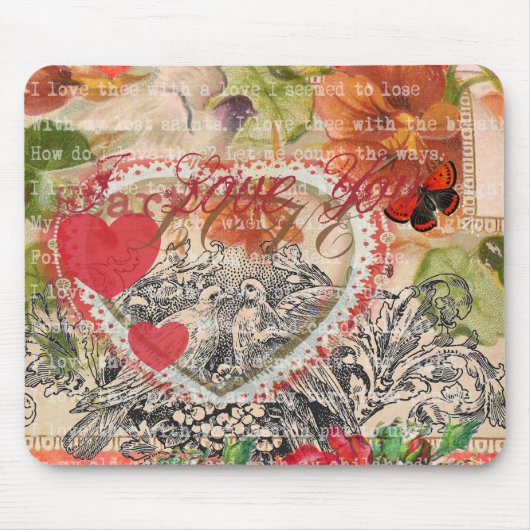 Tapis De Souris Oiseaux de l'amour Cœur Rouge Collage d'art (Devant)