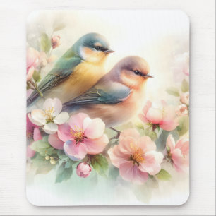 Tapis De Souris Oiseaux de l'amour doux pastel de printemps Fleurs