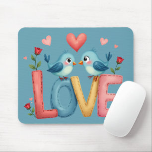 Tapis De Souris Oiseaux de l'Amour Fantaisistes Art Pastel Cottage