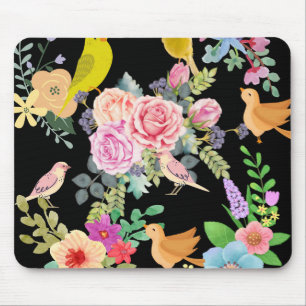 Tapis De Souris Oiseaux et fleurs colorés et vibrants sur fond noi