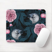 Tapis De Souris Oiseaux et fleurs de pivoines roses avec feuille (Avec souris)