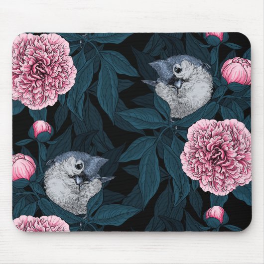 Tapis De Souris Oiseaux et fleurs de pivoines roses avec feuille (Devant)