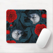 Tapis De Souris Oiseaux et fleurs de pivoines rouges avec feuilles (Avec souris)