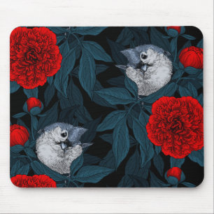 Tapis De Souris Oiseaux et fleurs de pivoines rouges avec feuilles