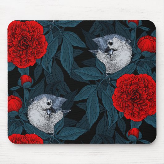 Tapis De Souris Oiseaux et fleurs de pivoines rouges avec feuilles (Devant)