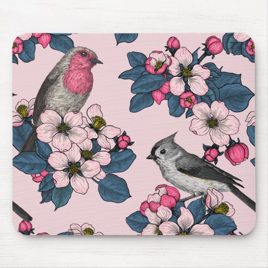 Tapis De Souris Oiseaux et fleurs roses (Devant)