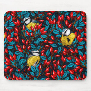 Tapis De Souris Oiseaux et hanches roses de chien, bleu et rouge