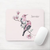 Tapis De Souris Oiseaux roses et noirs sur une branche d'arbre (Avec souris)