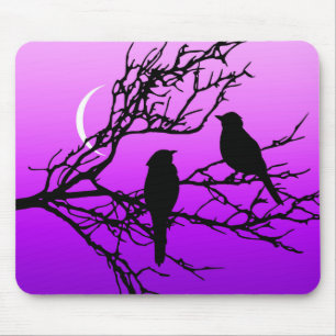 Tapis De Souris Oiseaux sur une branche, Noir contre le crépuscule