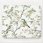Tapis De Souris Oiseaux verts fleurs blanches arbre (Devant)