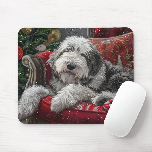 Tapis De Souris Old English Sheepdog Festive de Noël (Avec souris)
