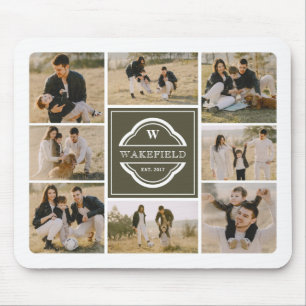 Tapis De Souris Olive Green White Monogramme & Année Photo Collage