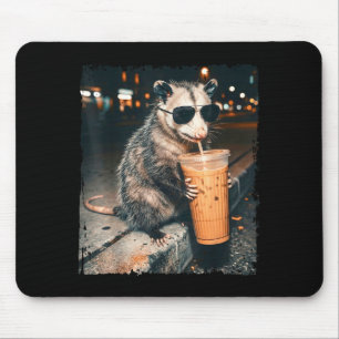 Tapis De Souris Opossum buvant du café glacé mème drôle de possum