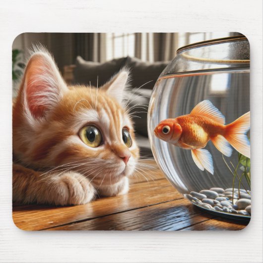 Tapis De Souris Orange Kitten regarde un poisson rouge (Devant)