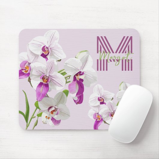 Tapis De Souris Orchidées blanches délicates Monogram Mousepad (Avec souris)