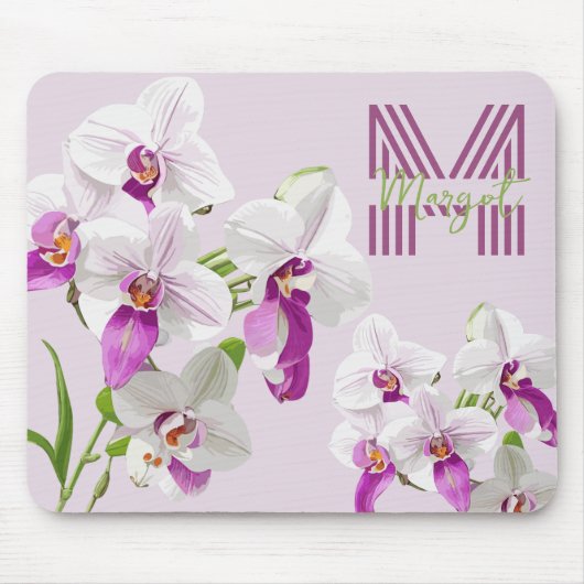 Tapis De Souris Orchidées blanches délicates Monogram Mousepad (Devant)
