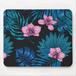 Tapis De Souris Orchidées et feuilles de palmiers, rose et bleu su