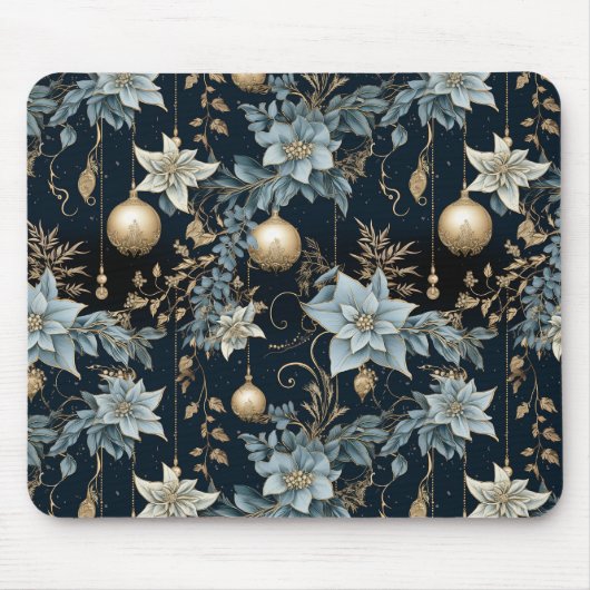 Tapis De Souris Ornements de Noël bleu et or Poinsettias (Devant)