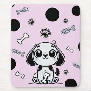Tapis De Souris Os Puppy Chien Mignon Poisson Rose & Noir Bureau