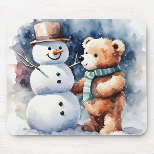 Tapis De Souris Ours En Conduite D'Hiver Et Snowman (Devant)