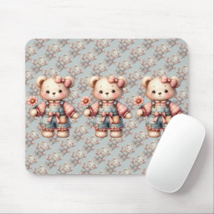 Tapis De Souris Ours en peluche pastel tenant une fleur et portant