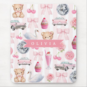 Tapis De Souris Ours en peluche rose personnalisé rétro mignon coq