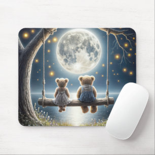 Tapis De Souris Ours en peluche sur une balançoire au clair de lun
