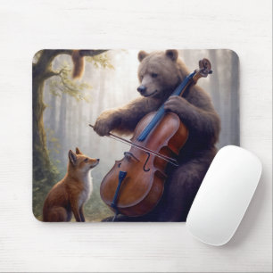 Tapis De Souris Ours jouant du violoncelle dans une forêt brumeuse