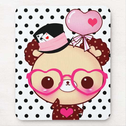Tapis De Souris Ours mignon de chocolat avec les verres roses (Devant)