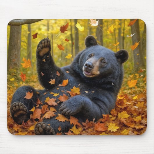 Tapis De Souris Ours Noir Dans Les Feuilles Automnes (Devant)
